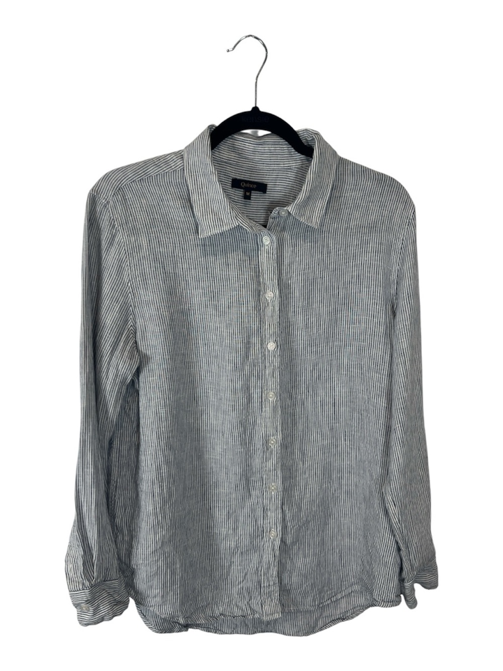 Quince European Linen long sleeve blue pinstripe button down top med